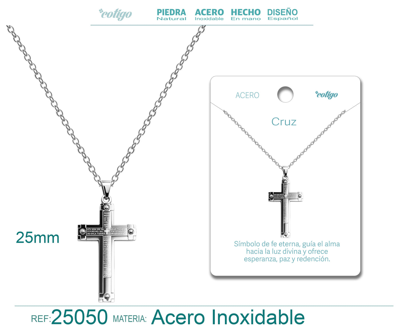 Collar con Cruz grabado con Sagrada Escritura en Acero