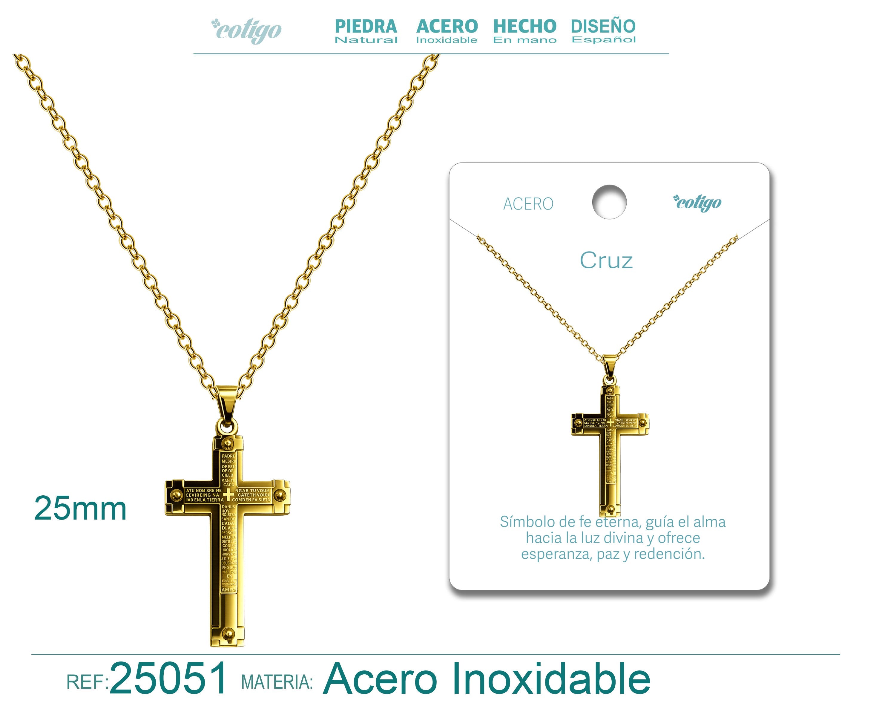 Collar con Cruz grabado con Sagrada Escritura en Acero Dorado cotigo