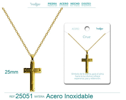 Collar con Cruz grabado con Sagrada Escritura en Acero Dorado