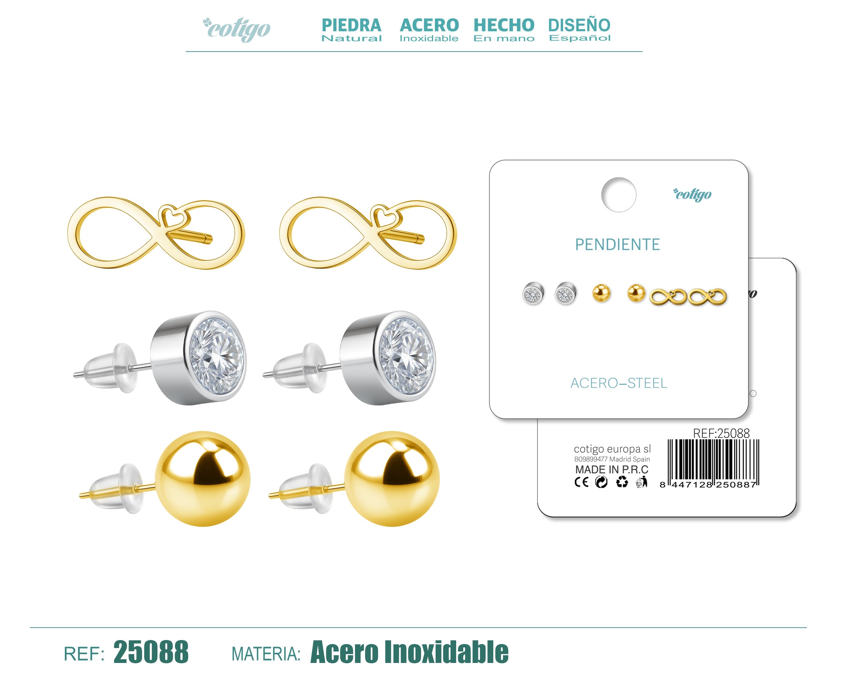 Pendiente Acero Inoxidable 3 pares - cotigo