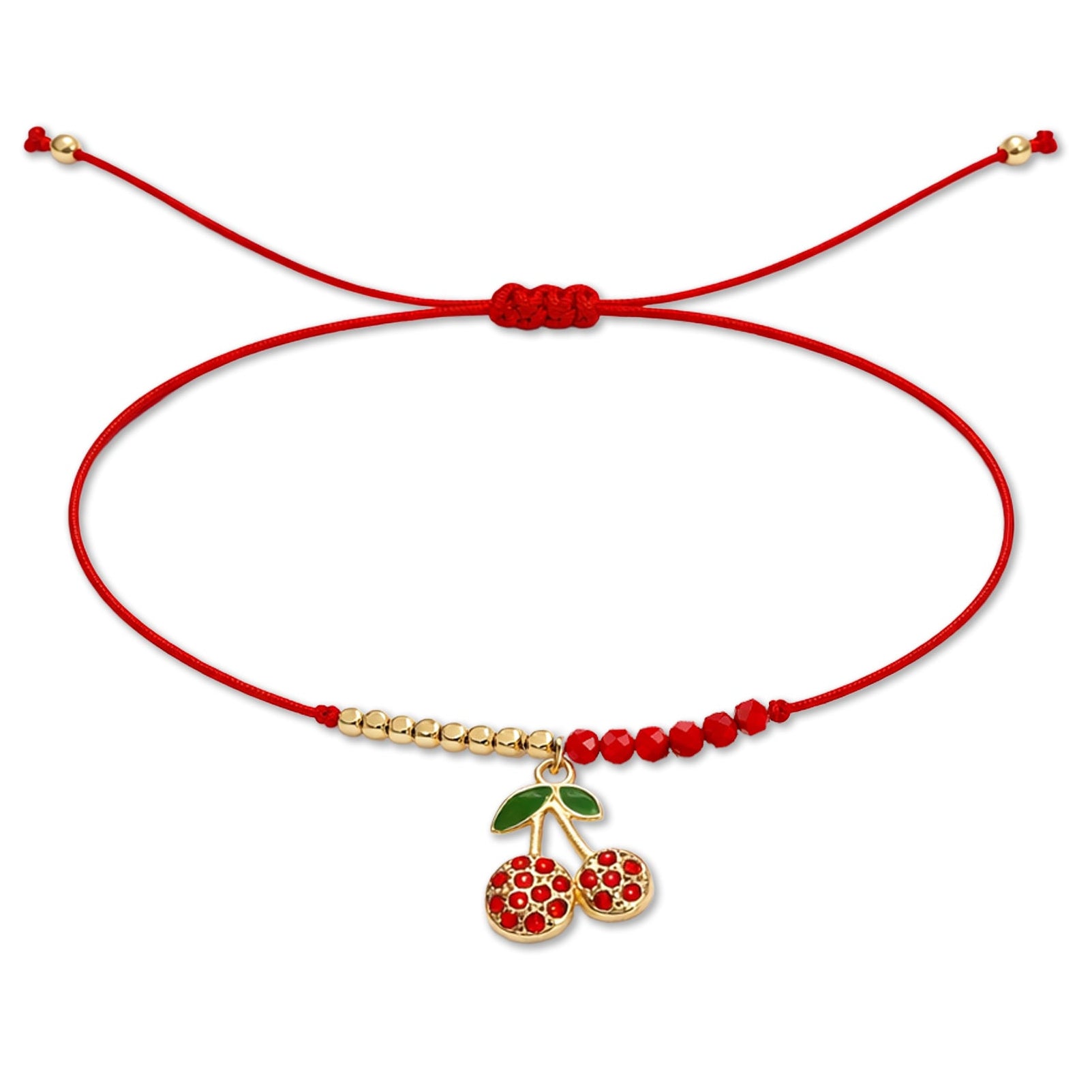 Pulsera roja ajustable para mujer con charm de cerezas y cuentas doradas