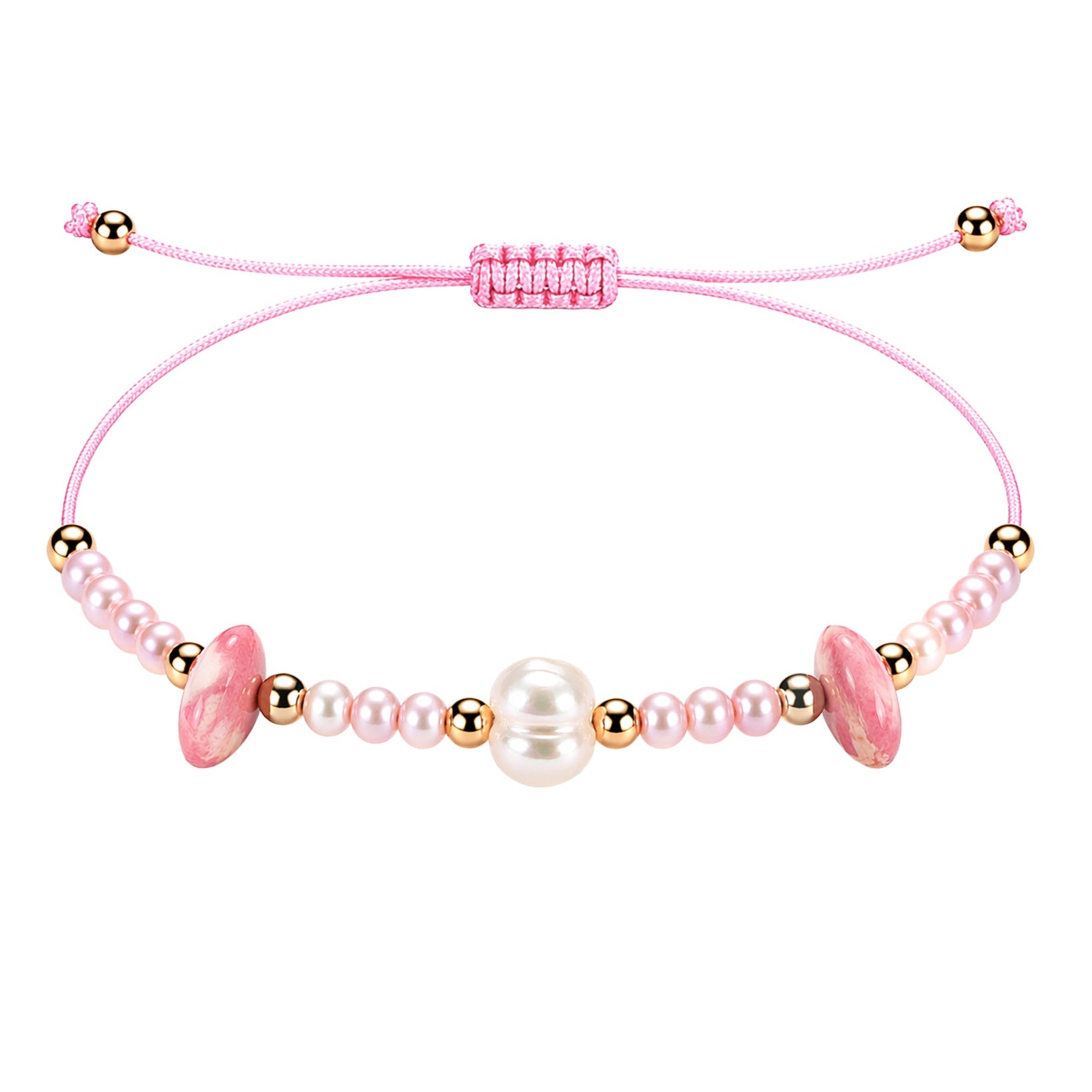 Pulsera rosa ajustable para mujer con cuentas efecto perla y detalles dorados
