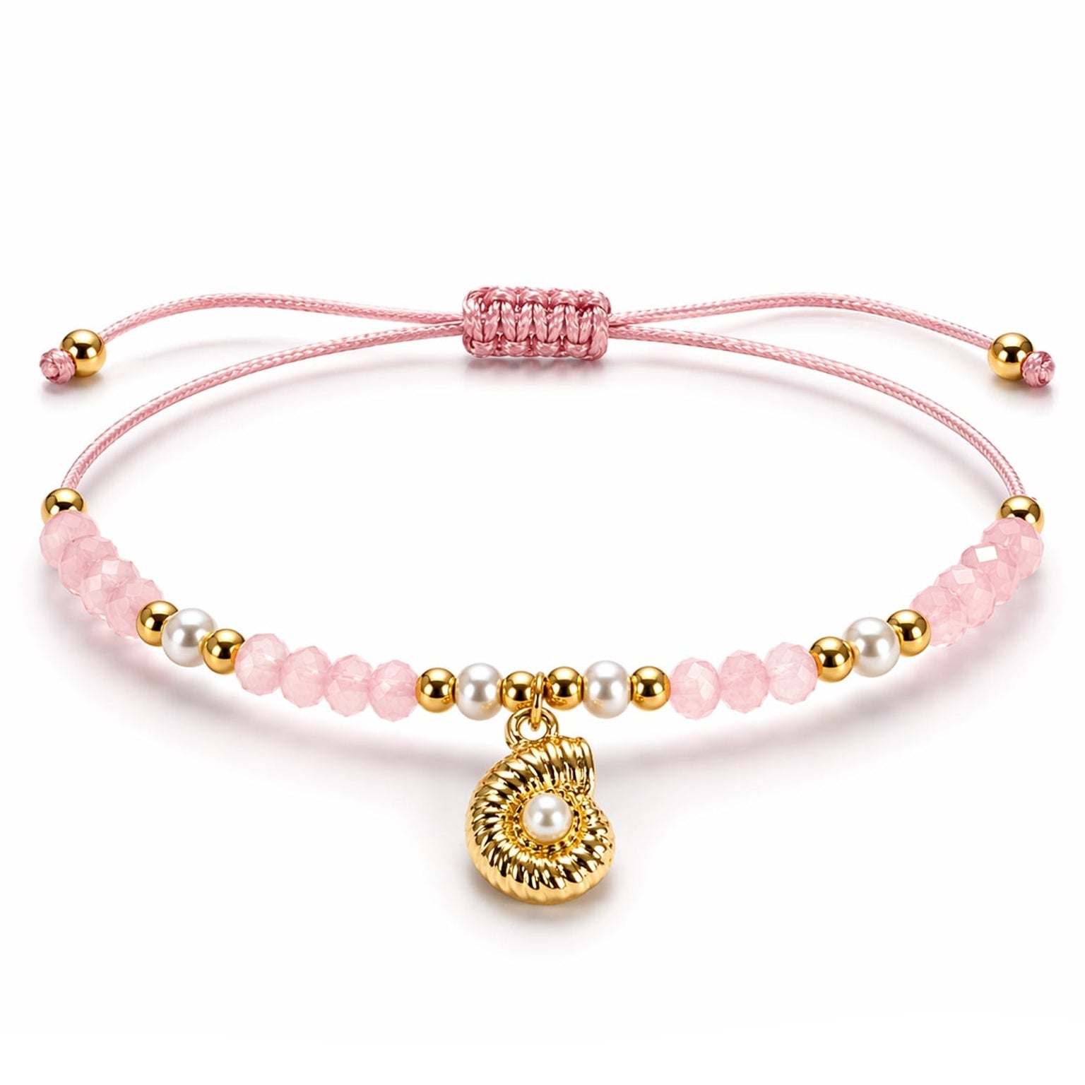 Pulsera rosa ajustable para mujer con charm de concha y cuentas doradas