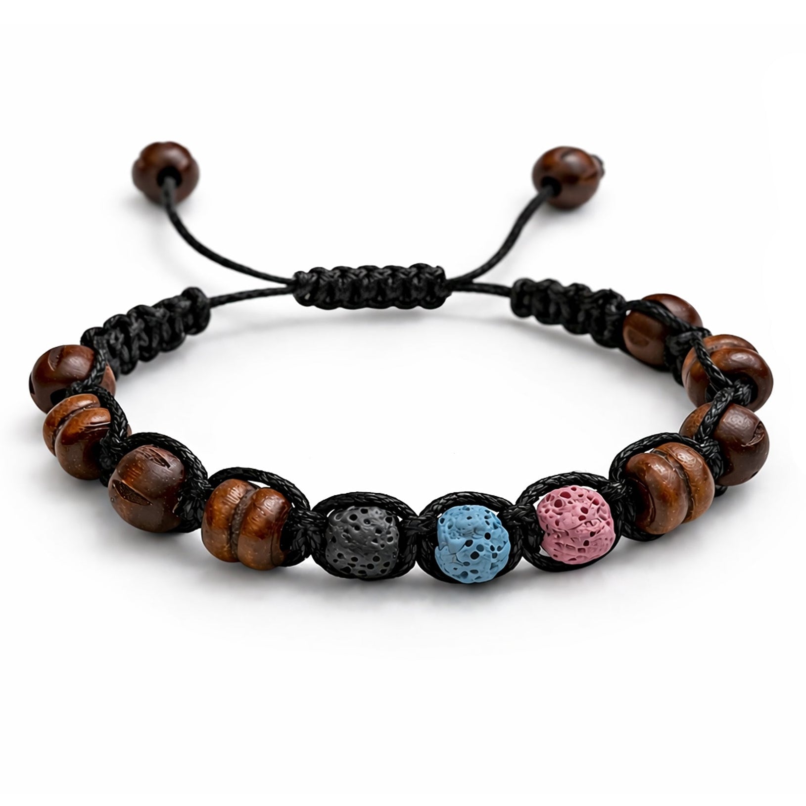 Pulsera de piedra volcánica ajustable con cordón negro y cuentas decorativas