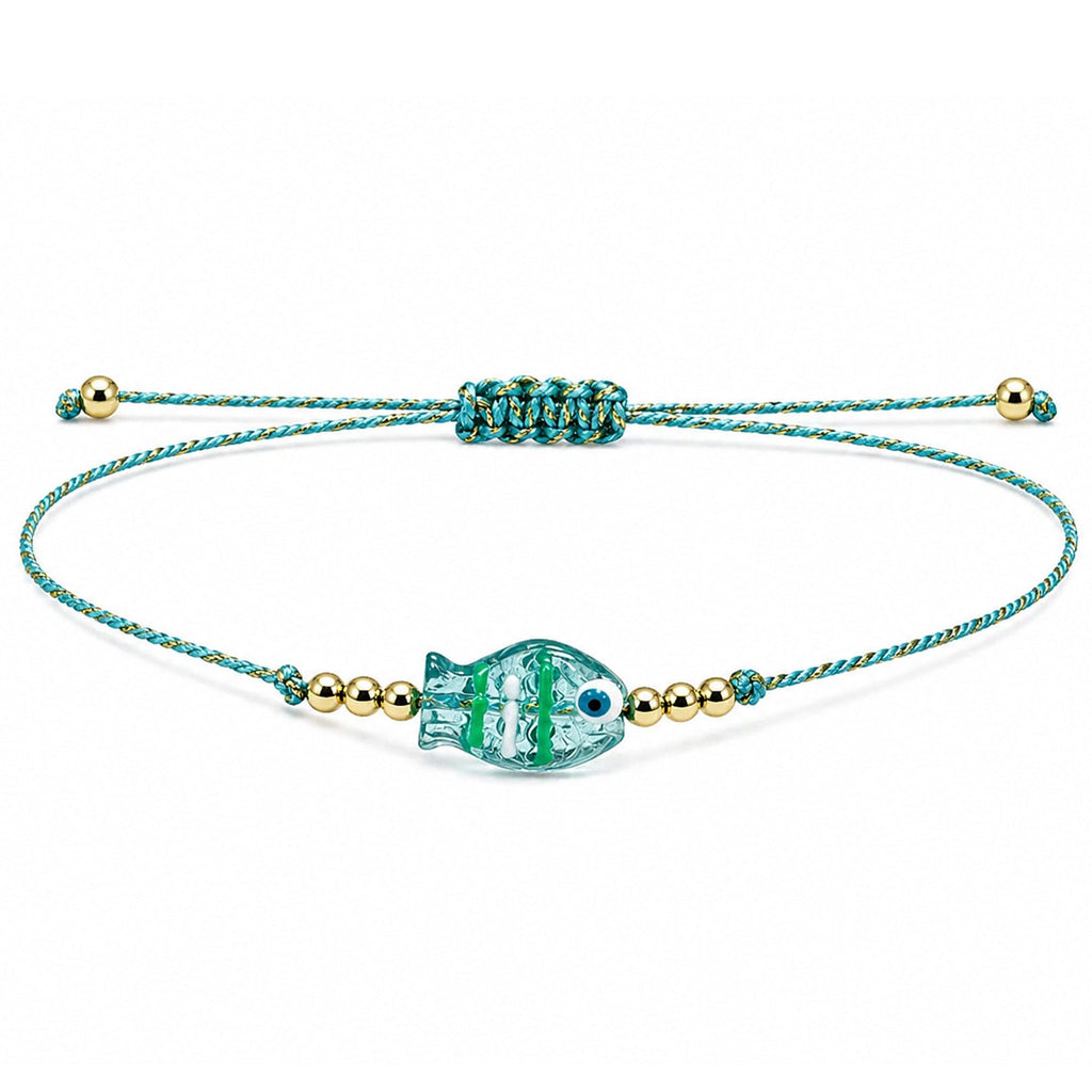 Pulsera de Hilo con Pez de Cristal y Ojo Turco – vista principal del diseño hilo con pez de cristal y ojo turco