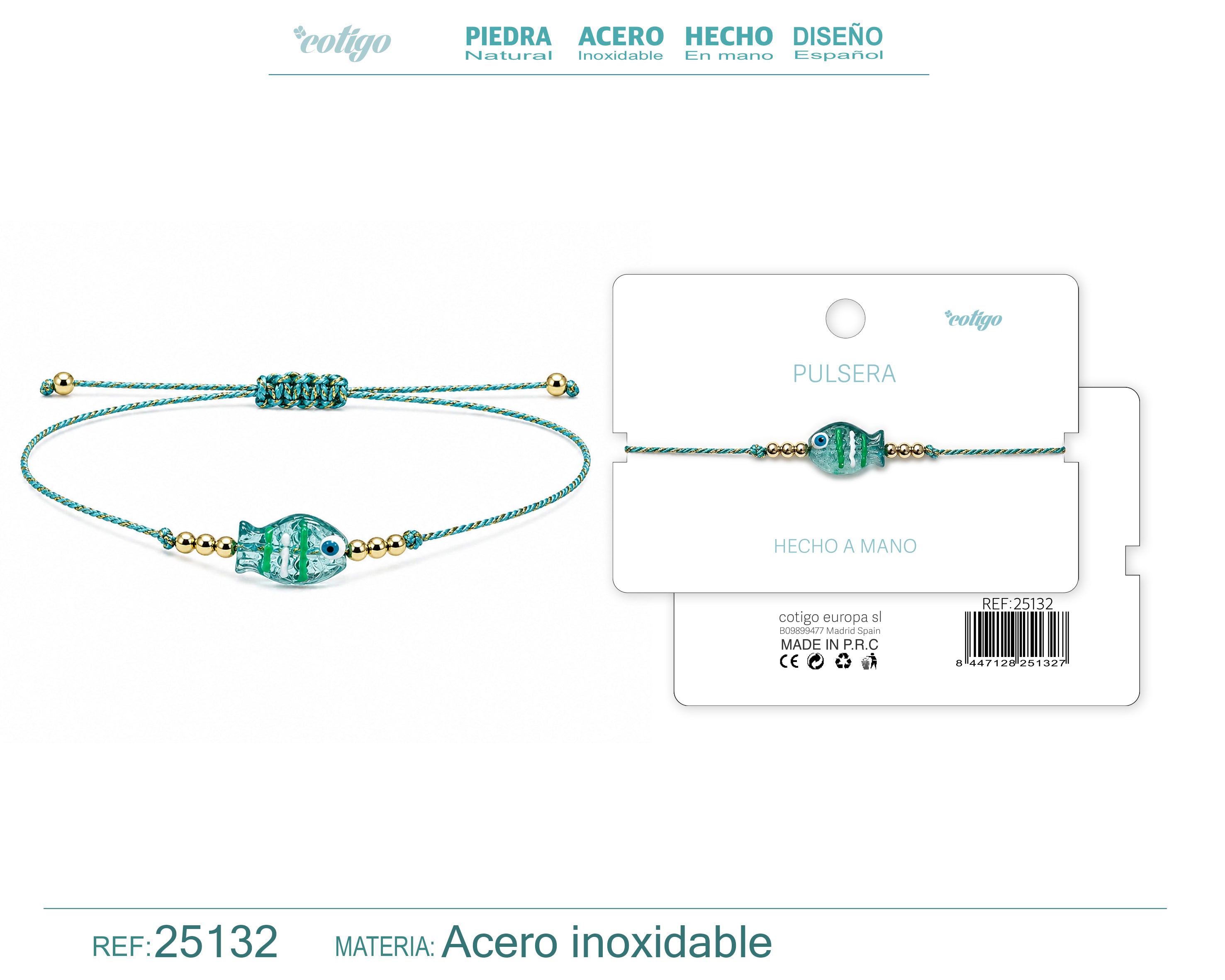 Pulsera de Hilo con Pez de Cristal y Ojo Turco – vista principal del diseño hilo con pez de cristal y ojo turco