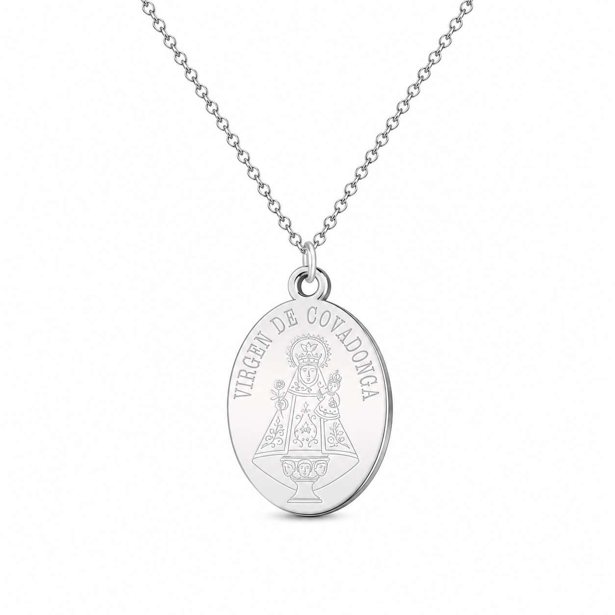 Colgante medalla Virgen de Covadonga en acero inoxidable plateado