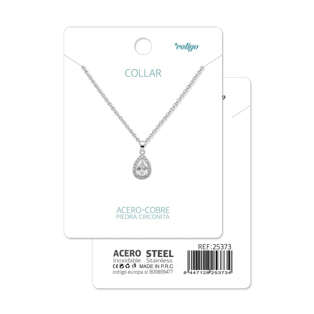Tarjeta Cotigo con collar de gota plateado con halo y referencia 25373.