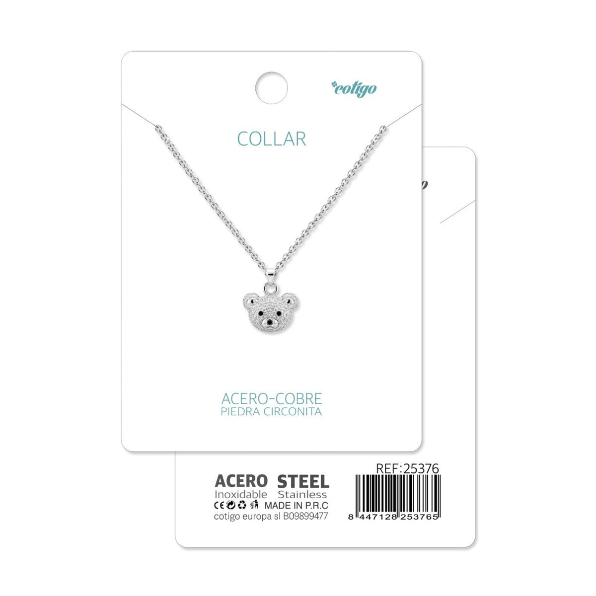 Tarjeta Cotigo con collar de cara de osito con circonitas en tono plateado y referencia 25376.