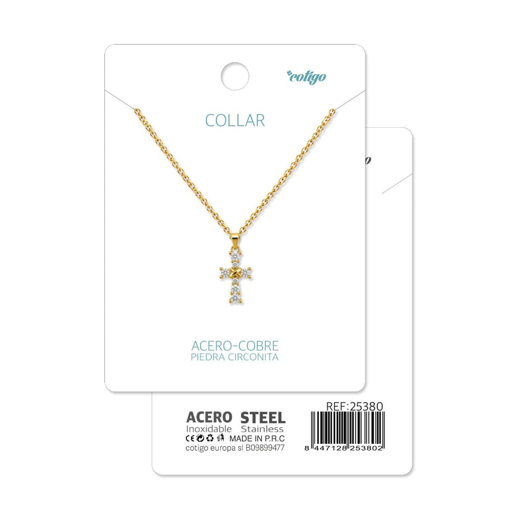 Tarjeta Cotigo con collar de cruz dorada con circonitas y referencia 25380.