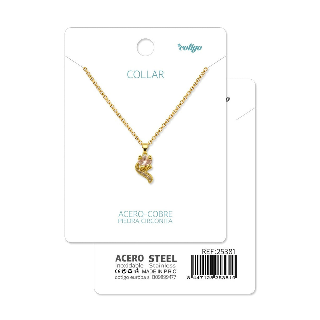 Tarjeta Cotigo con collar de zorro dorado con circonita rosa y referencia 25381.