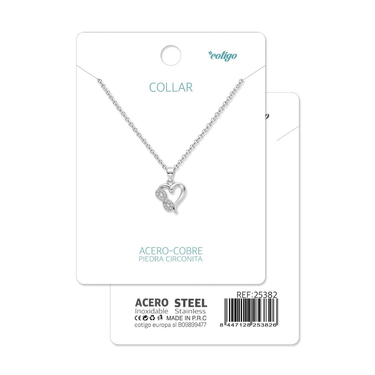 Tarjeta Cotigo con collar plateado de corazón entrelazado y referencia 25382.