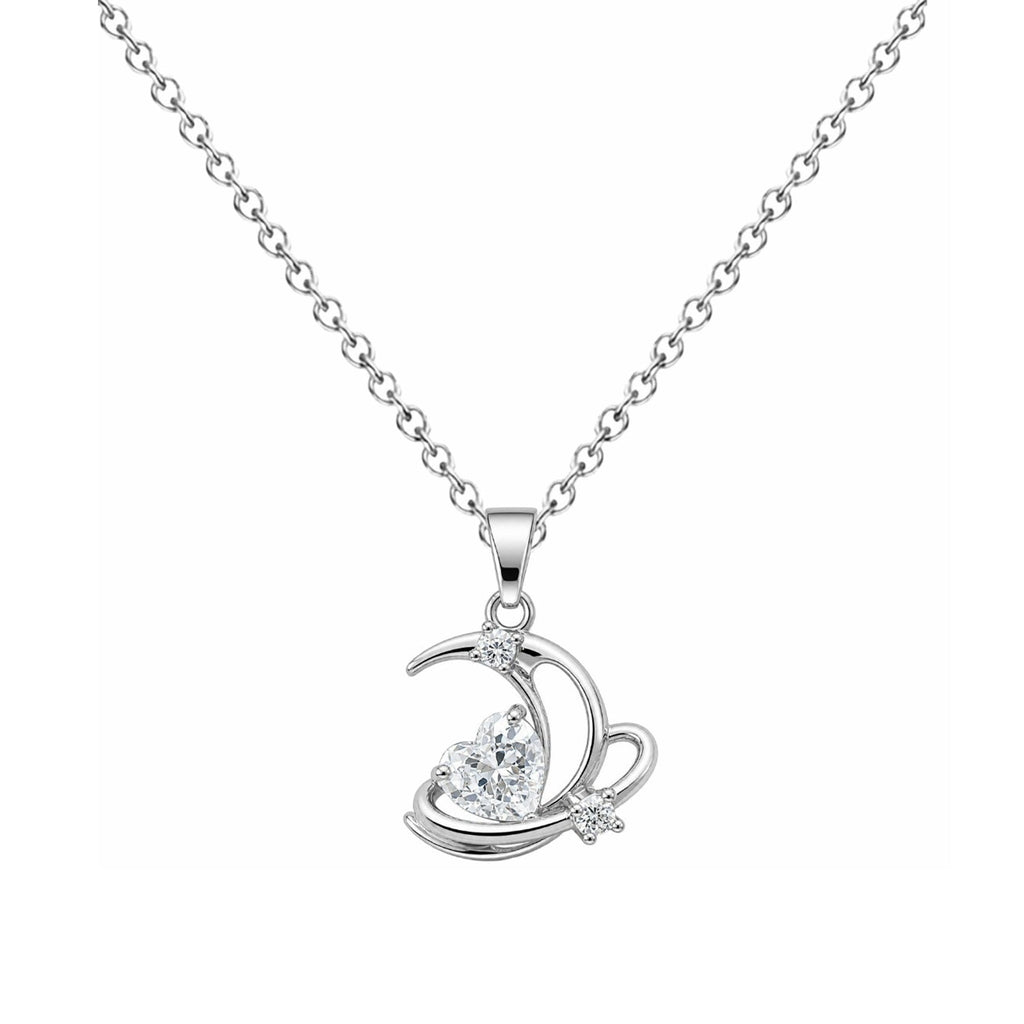 Collar de cisne plateado con circonitas, detalle del colgante sobre fondo blanco.
