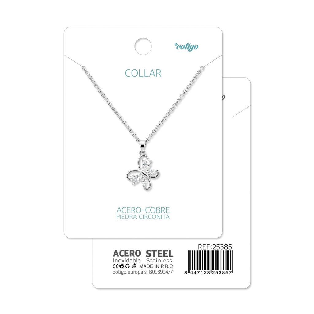 Tarjeta Cotigo con collar de mariposa plateada con circonitas y referencia 25385.