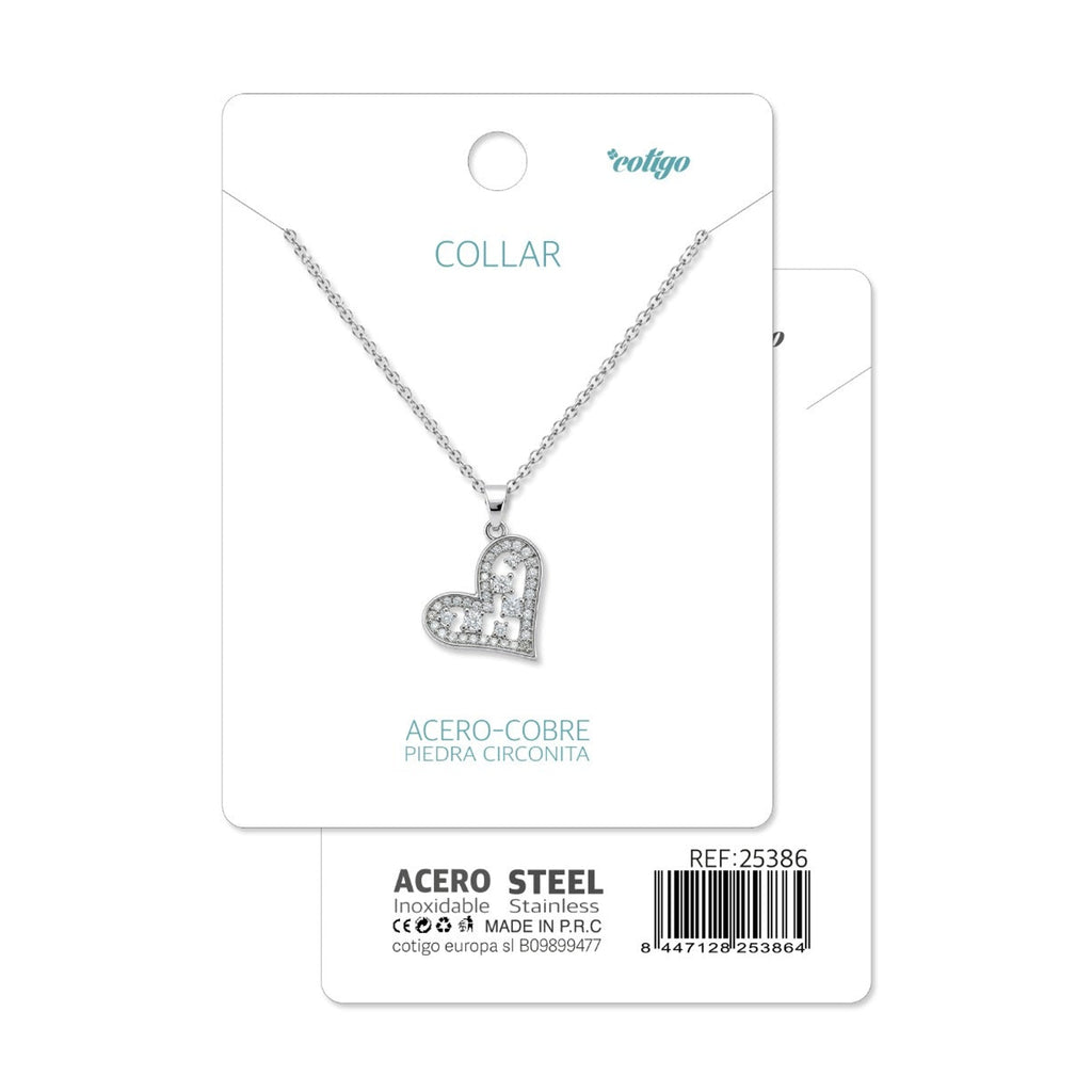 Tarjeta Cotigo con collar de corazón asimétrico con circonitas y referencia 25386.