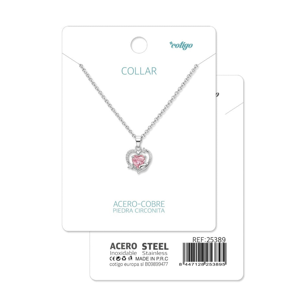 Tarjeta Cotigo con collar de corazón rosa con doble contorno y referencia 25389.