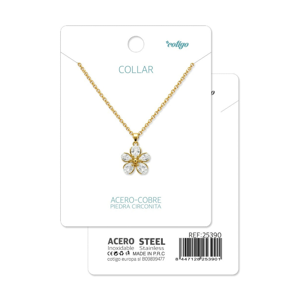 Tarjeta Cotigo con collar dorado de flor de cinco pétalos y referencia 25390.