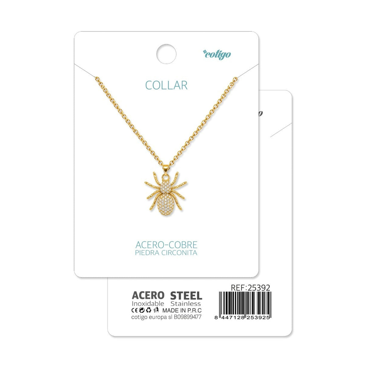 Tarjeta Cotigo con collar de araña dorada con circonitas y referencia 25392.