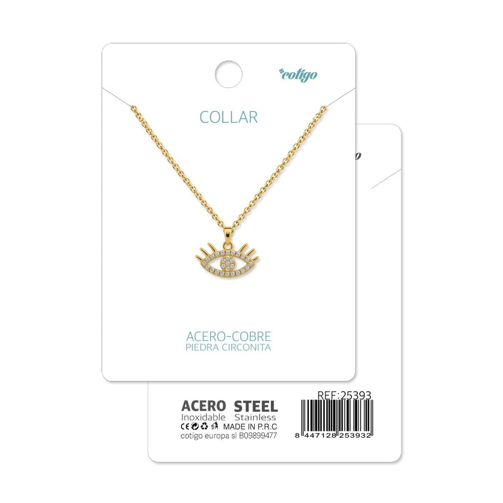 Tarjeta Cotigo con collar de ojo dorado con circonitas y referencia 25393.