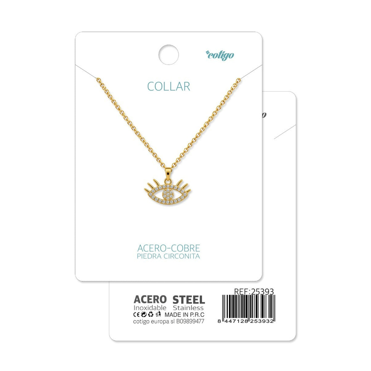 Tarjeta Cotigo con collar de ojo dorado con circonitas y referencia 25393.