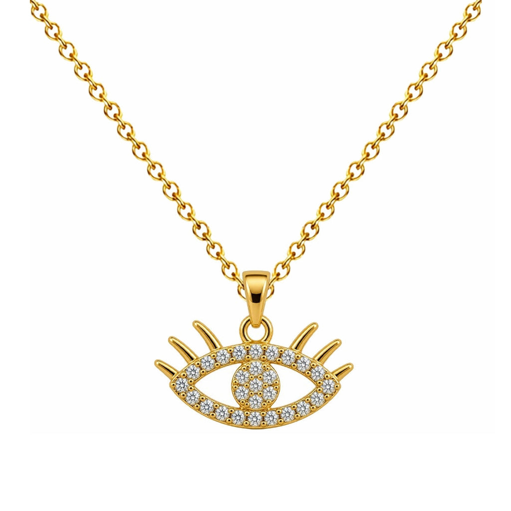 Collar de ojo dorado con circonitas, detalle del colgante sobre fondo blanco.