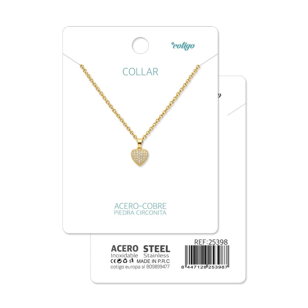 Tarjeta Cotigo con collar de corazón dorado con circonitas y referencia 25398.