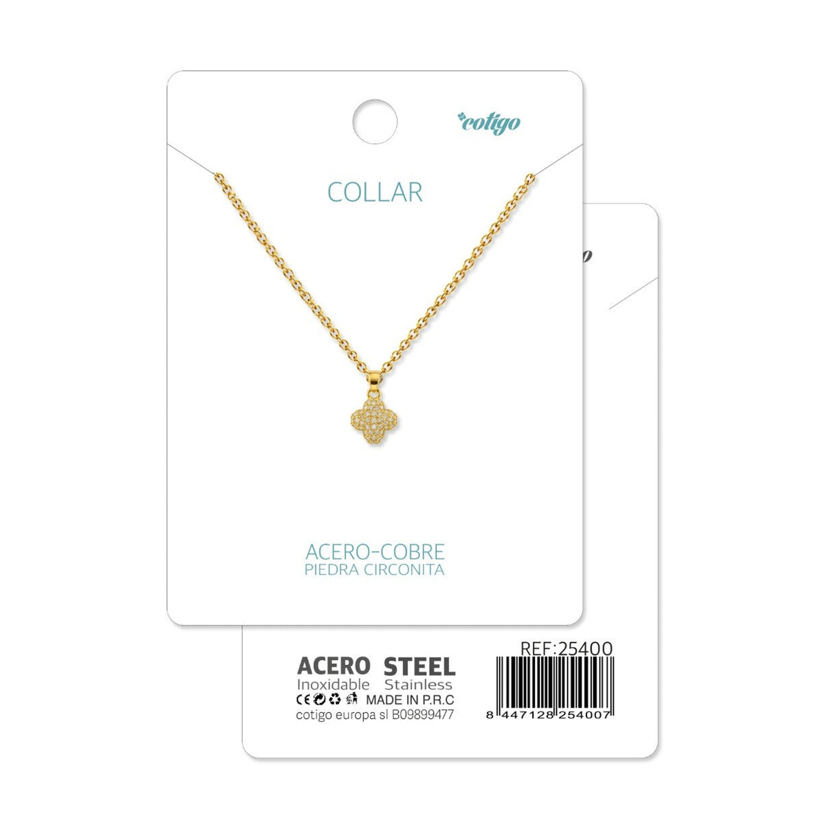 Tarjeta Cotigo con collar de trébol dorado con circonitas y referencia 25400.