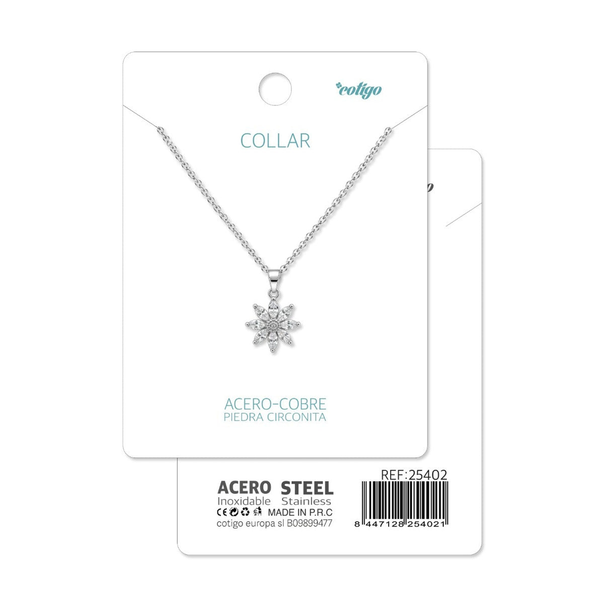 Tarjeta Cotigo con collar de roseta plateada con circonitas y referencia 25402.
