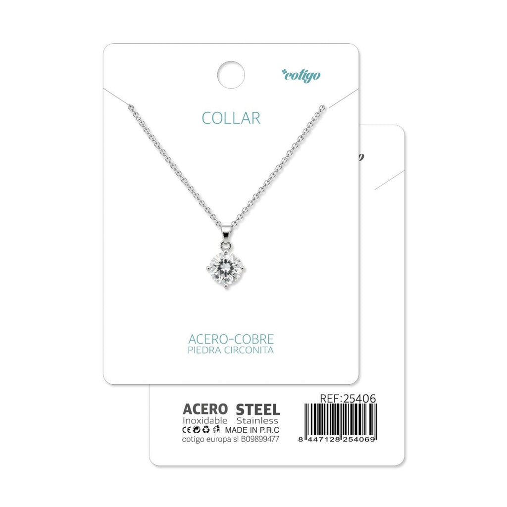 Tarjeta Cotigo con collar plateado con circonita redonda y referencia 25406.