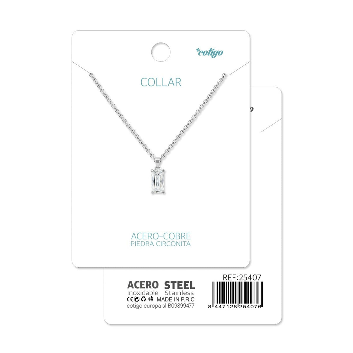 Tarjeta Cotigo con collar plateado con circonita rectangular y referencia 25407.