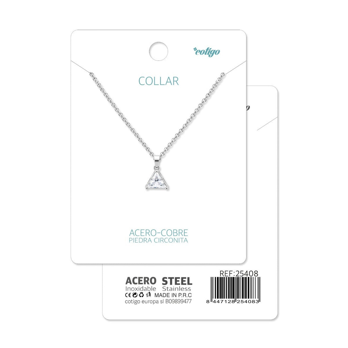 Tarjeta Cotigo con collar plateado con circonita triangular y referencia 25408.