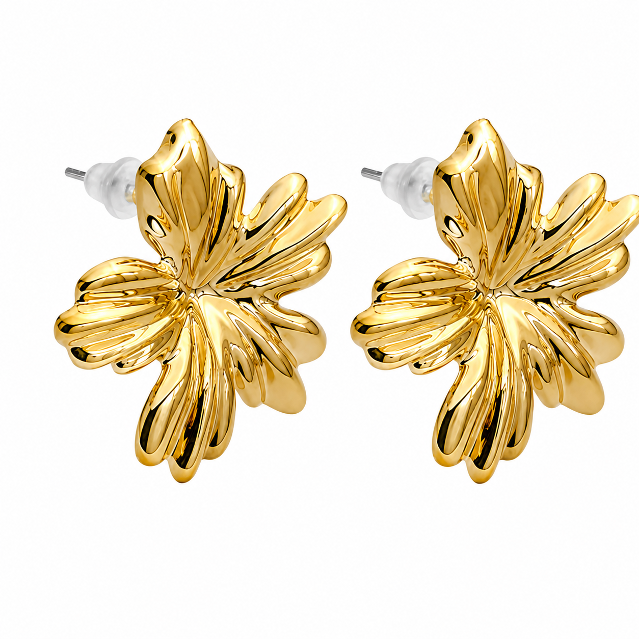 Pendientes Flor Grande Dorada — par de pendientes sobre fondo blanco