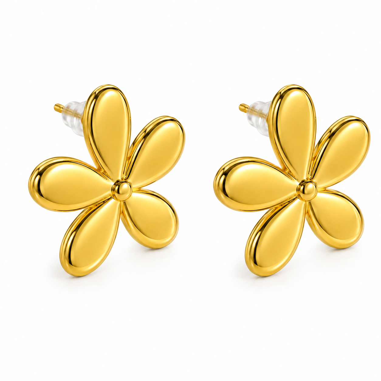 Pendientes Flor Minimalista Dorados — par de pendientes sobre fondo blanco