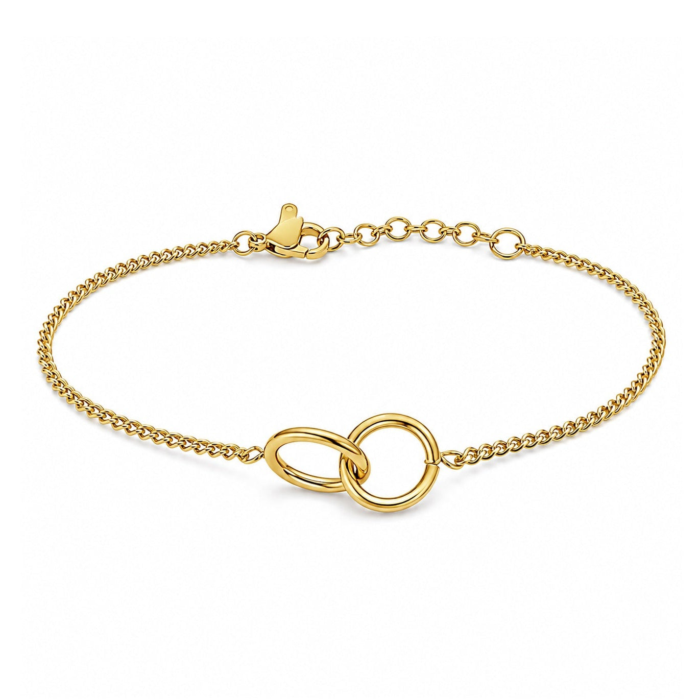 Pulsera fina dorada de acero inoxidable con motivo central de doble aro entrelazado.