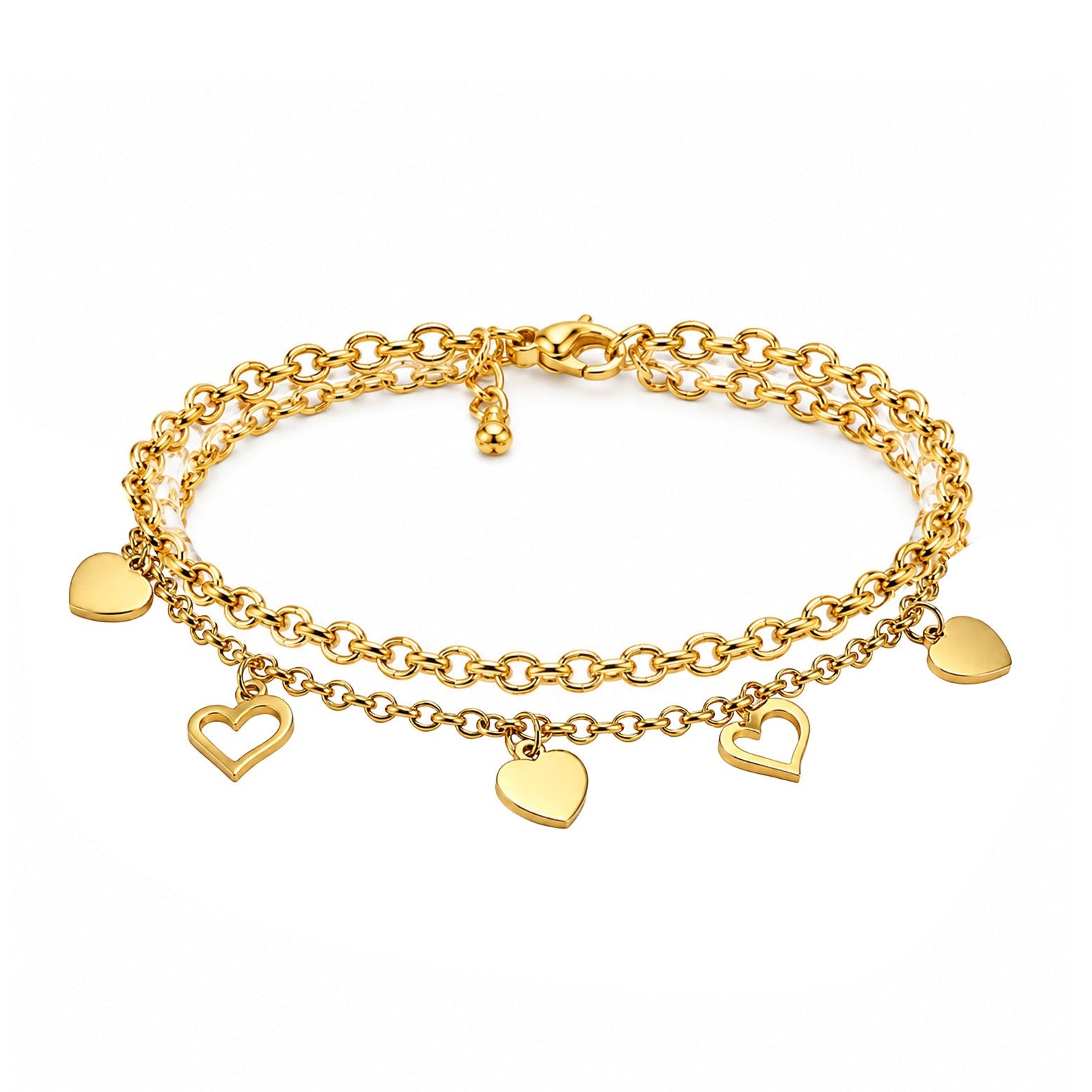 Pulsera doble con corazones en acero inoxidable dorado