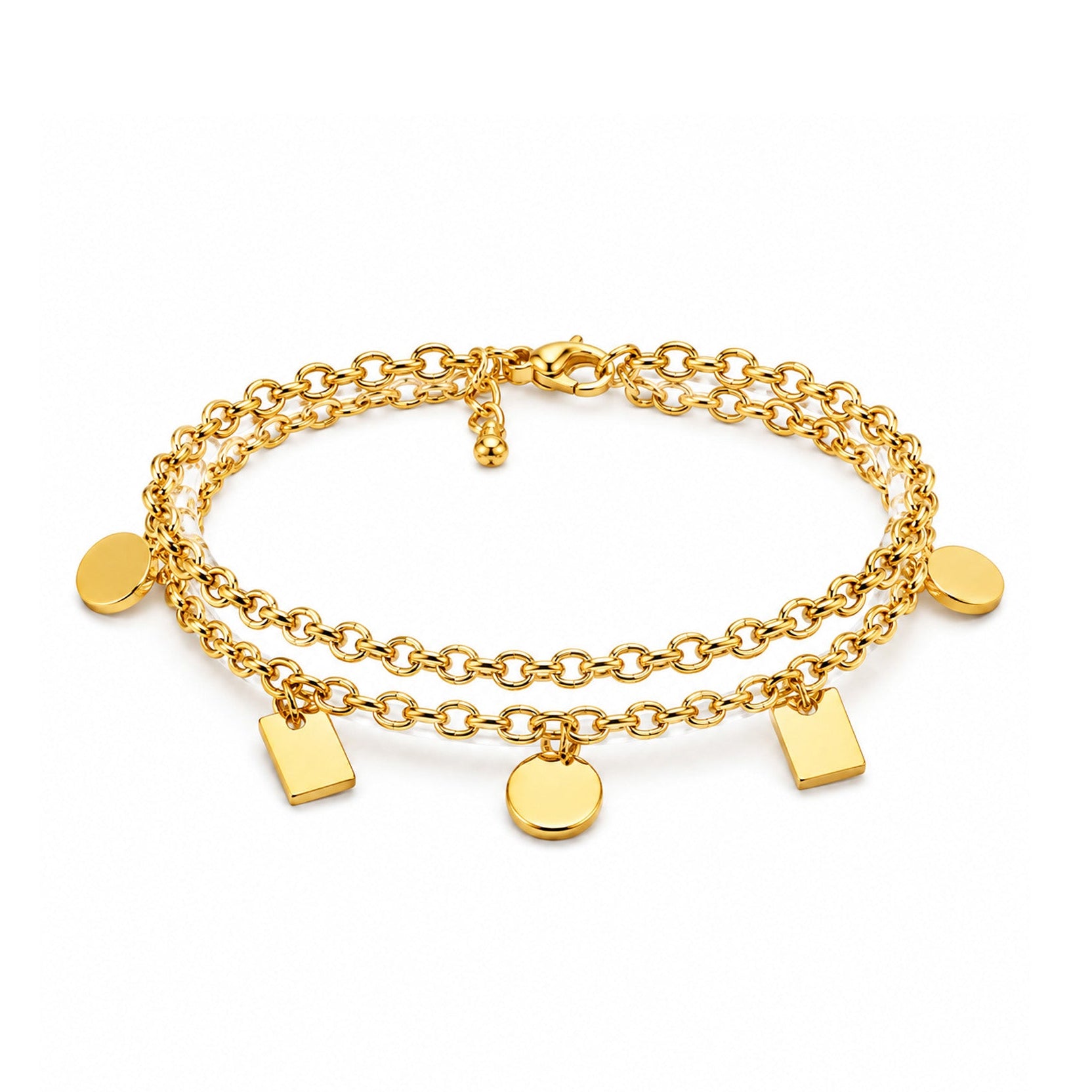 Pulsera doble con charms rectangulares y circulares en acero inoxidable dorado