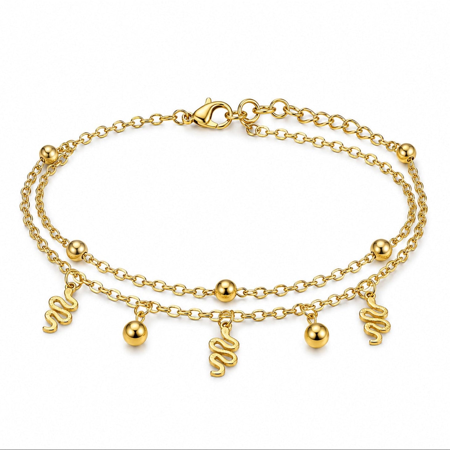 Pulsera doble con charms de serpiente en acero inoxidable dorado