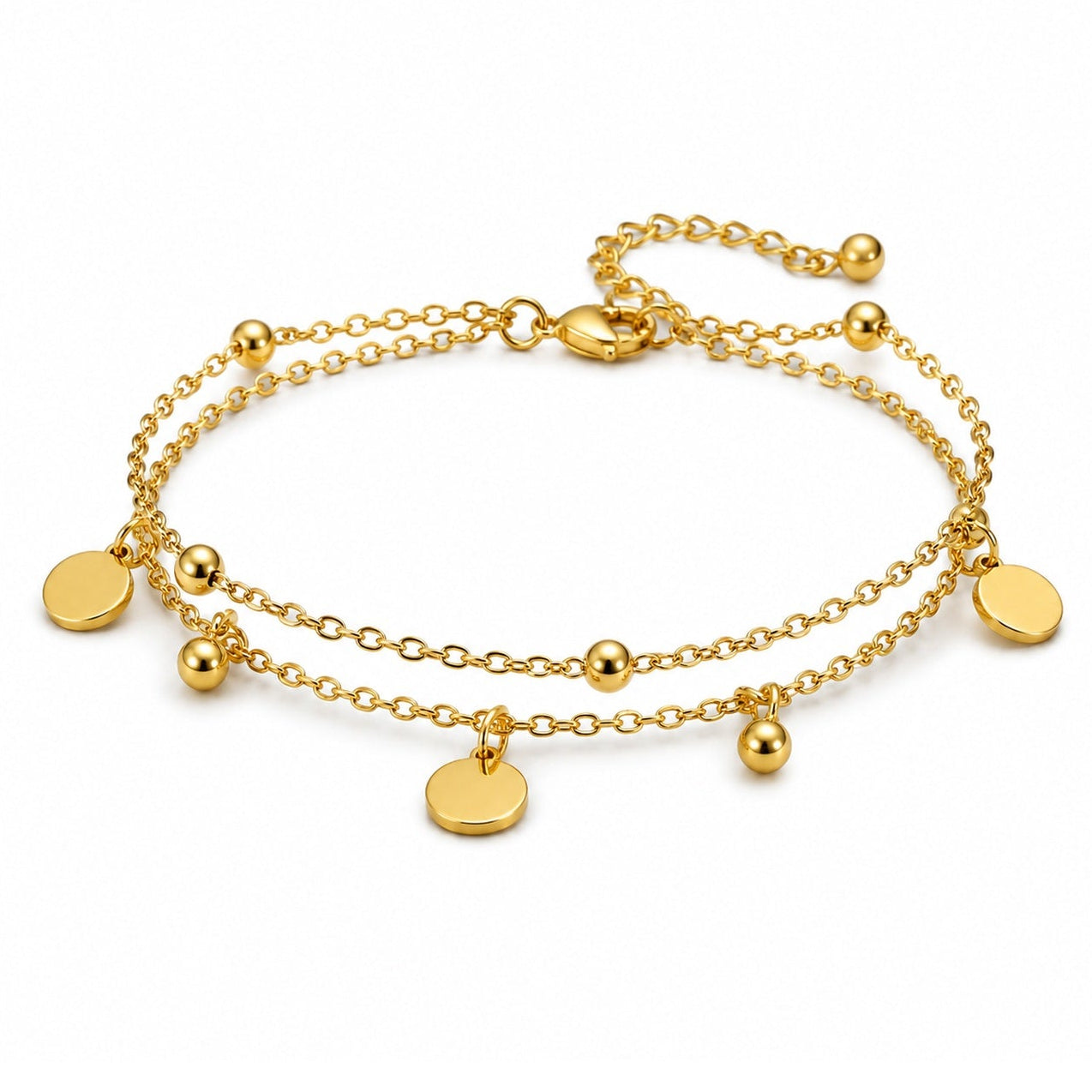 Pulsera fina dorada de acero inoxidable con medallas redondas y cuentas.