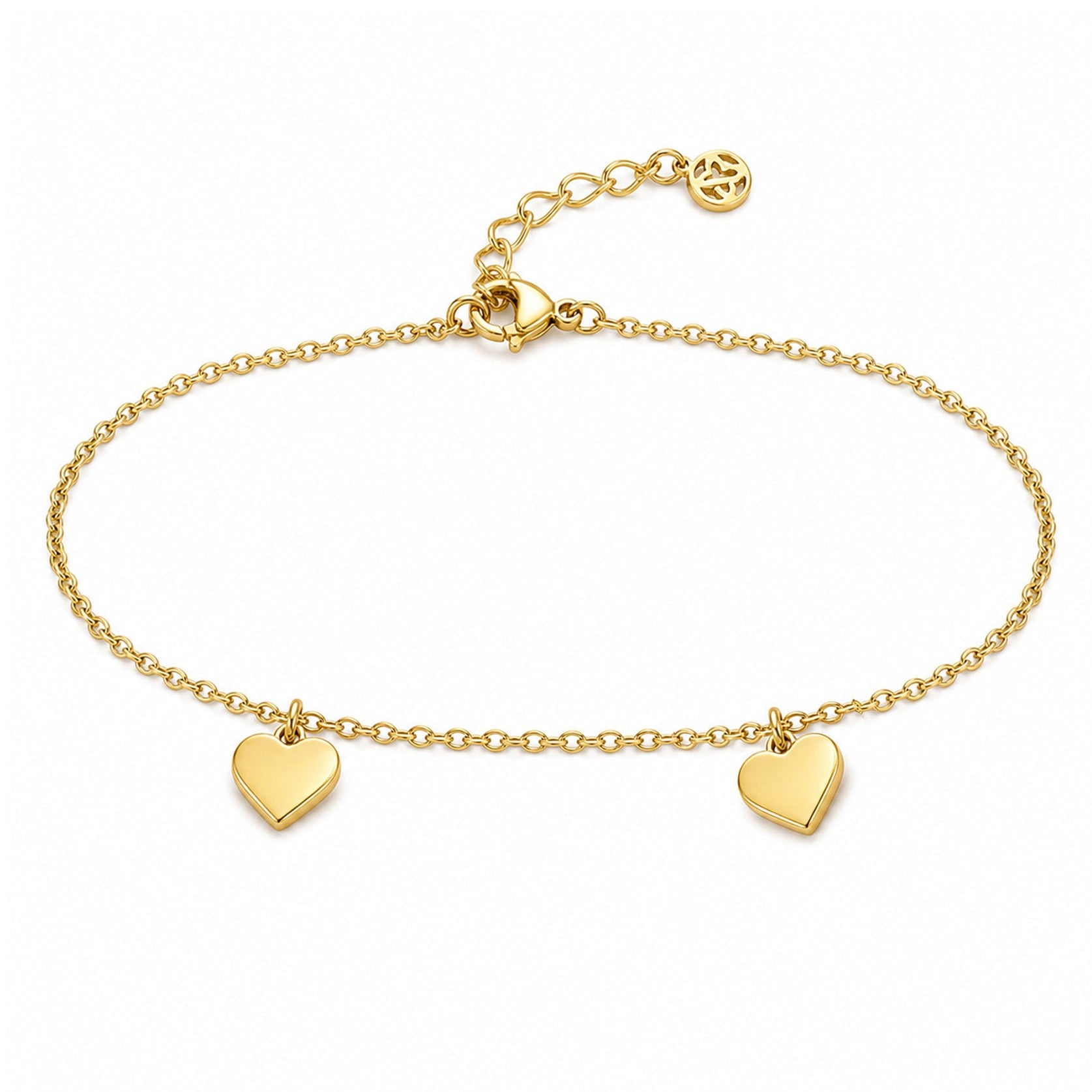 Pulsera fina con dos corazones colgantes en acero inoxidable dorado