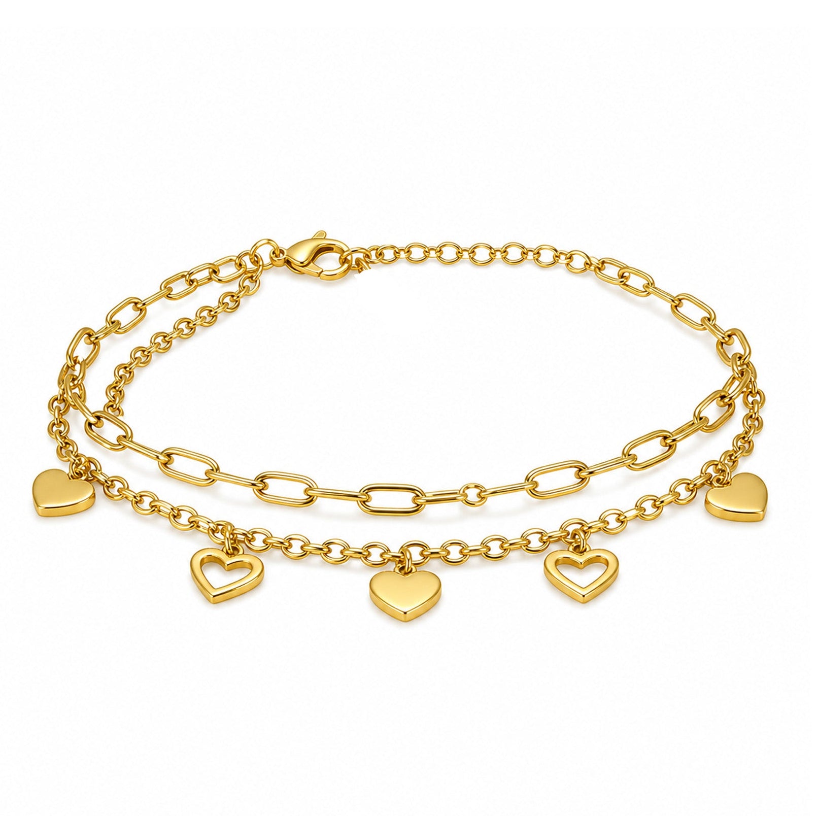 Pulsera doble de eslabones con corazones en acero inoxidable dorado