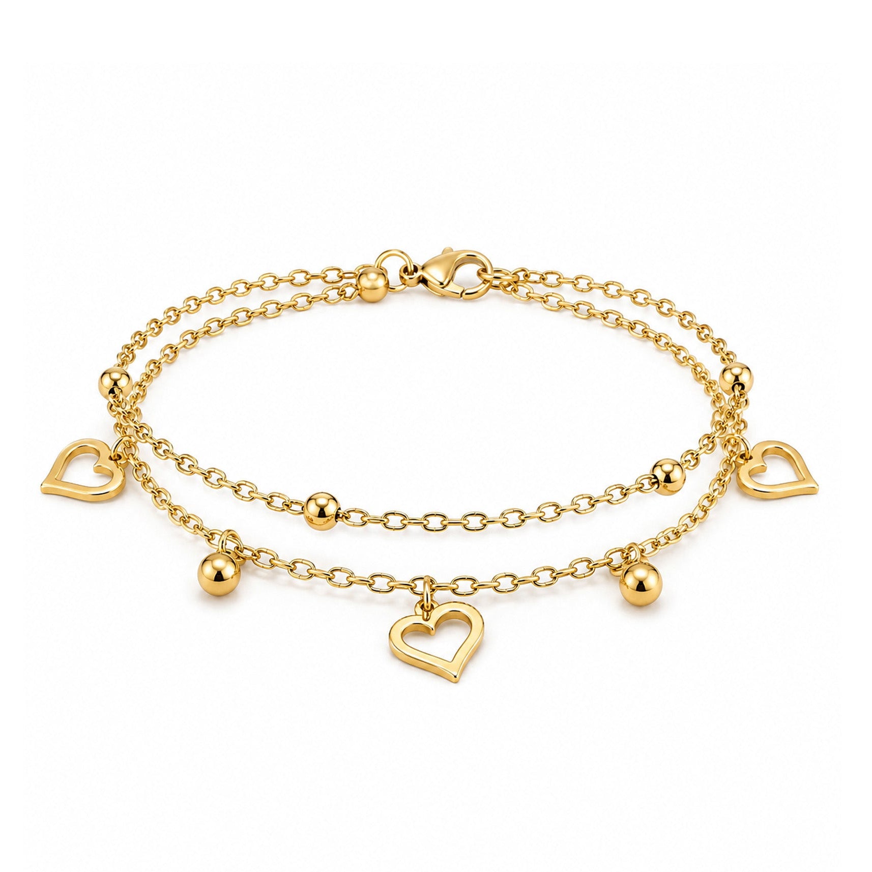 Pulsera Dorada de Doble Cadena con Corazones