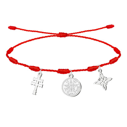 Pulsera 7 nudos con Nudo de Bruja y Tetragramatón, y Cruz Caravaca Plateado Acero Inoxidable