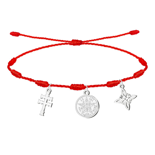 Pulsera 7 nudos con Nudo de Bruja y Tetragramatón, y Cruz Caravaca Plateado Acero Inoxidable