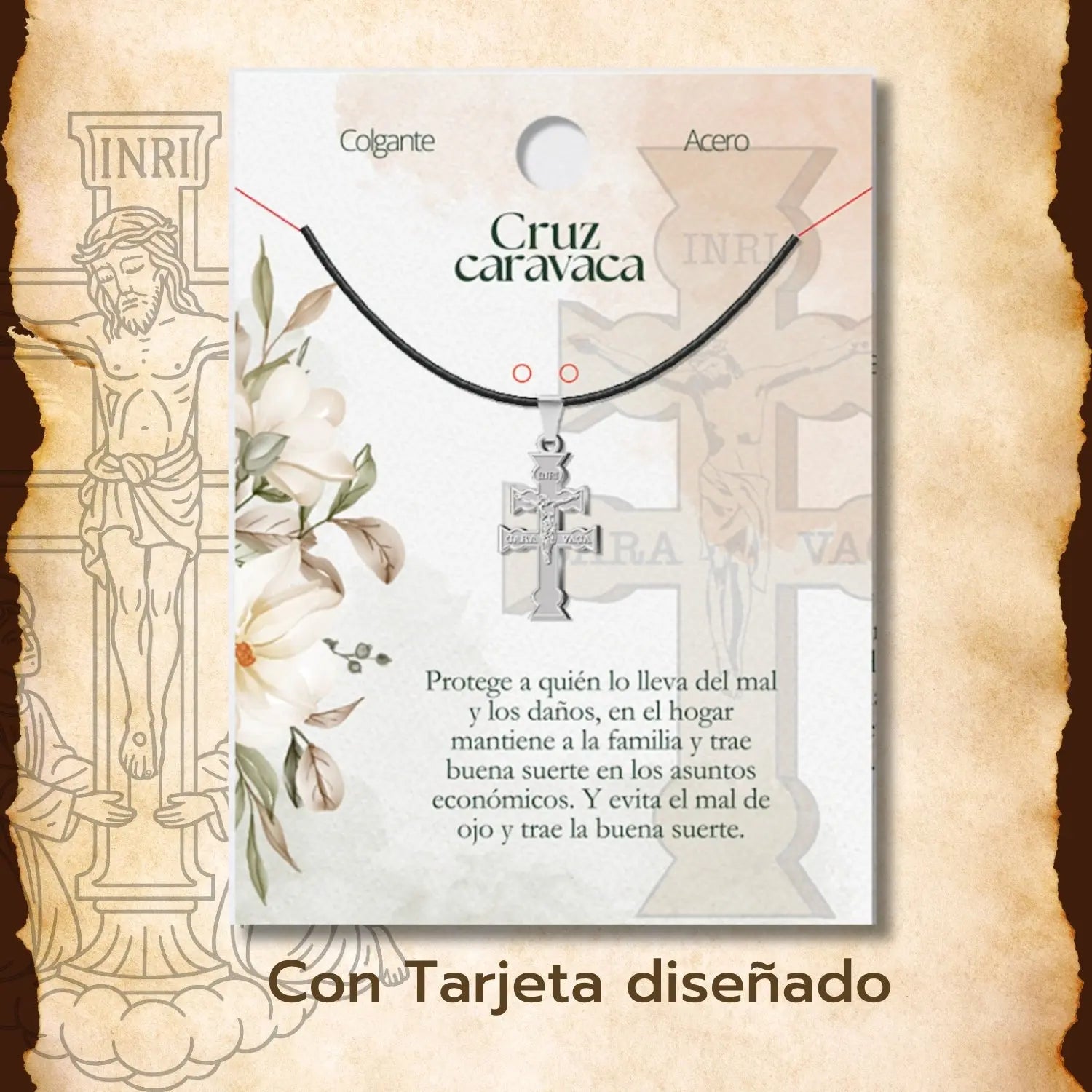Collar Cruz de Caravaca con Cristo en Acero y Cordón - cotigo