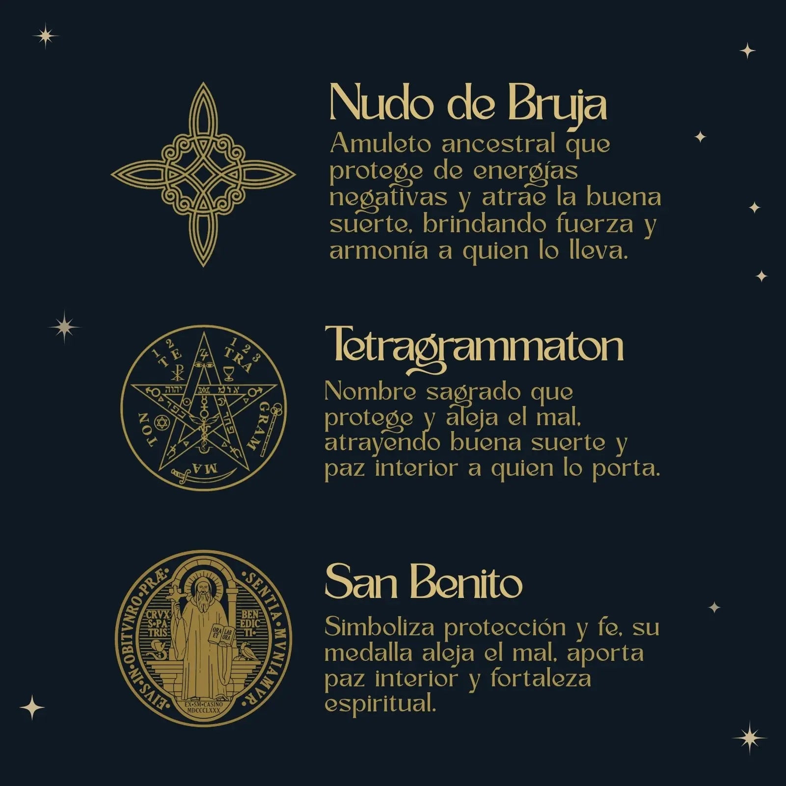 Collar Triple Protección Plateado: Tetragrammaton, Nudo de Bruja y San Benito - cotigo