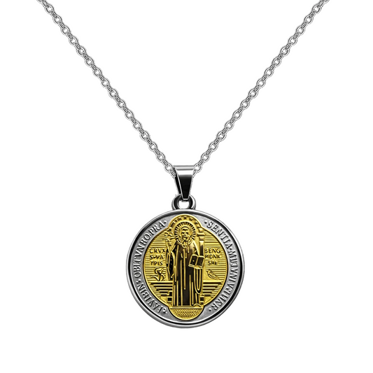 Medalla religiosa de San Benito en acero plateado con detalle dorado