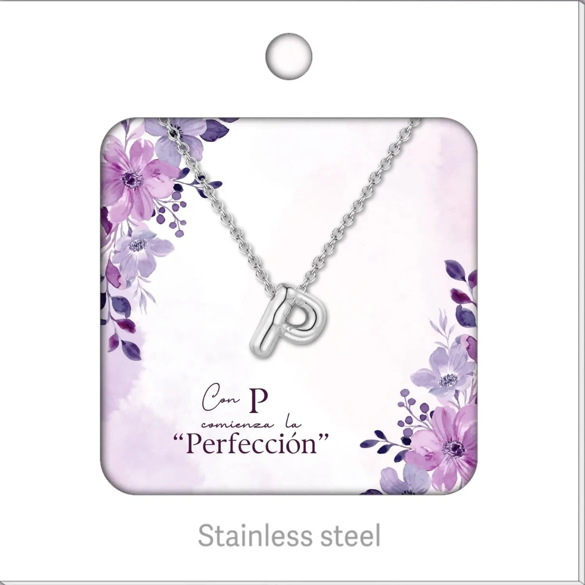 Colgante de letra P estilo globo en acero inoxidable plateado con acabado espejo pulido.