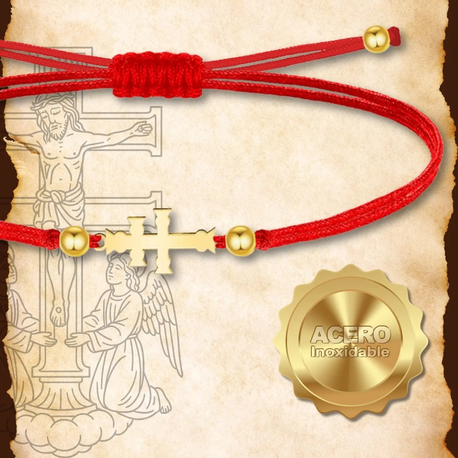 Pulsera Hilo Rojo Cruz de Caravaca en Acero Dorado - cotigo
