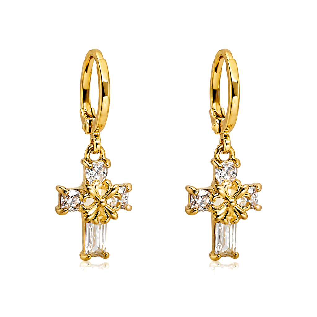 Pendientes de Aro con Cruz de Circonitas Dorados