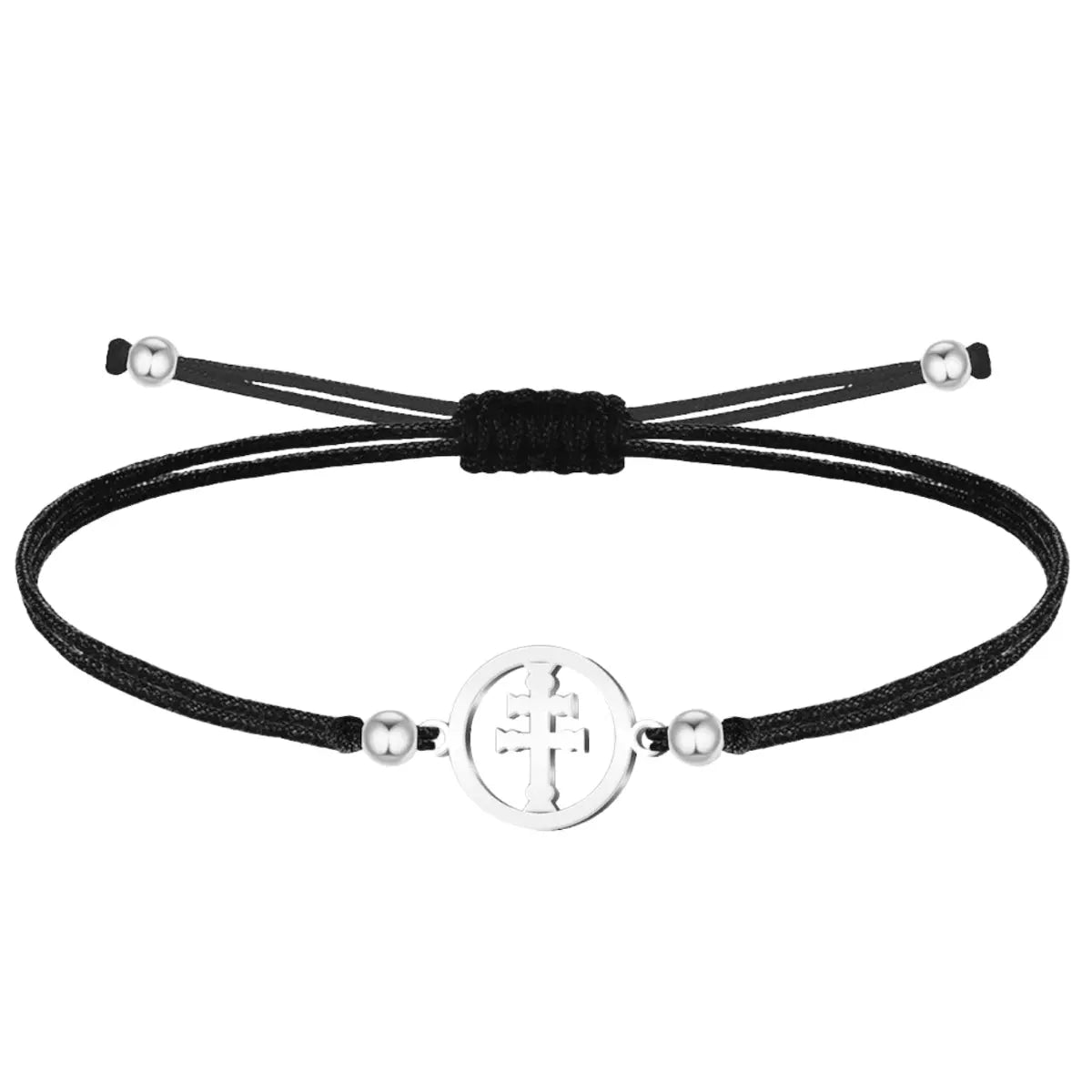 Pulsera de hilo negro con medalla redonda de la Cruz de Caravaca en acero inoxidable plateado, diseño calado con nudo ajustable